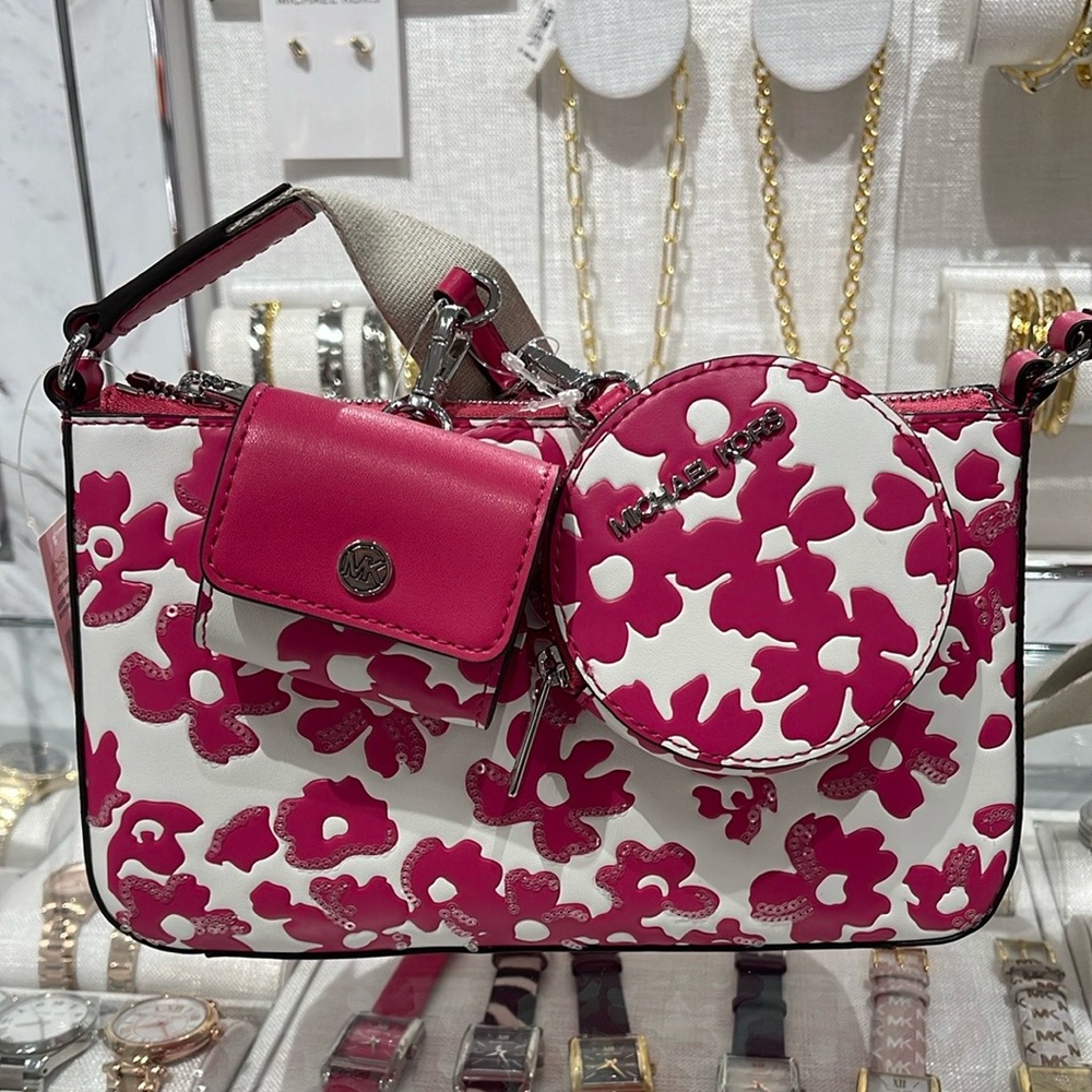 MICHAEL KORS Jet Set Sm Sequined Floral Print Crossbody Bag Case Apple Airpod